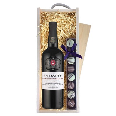 Taylors Late Bottled Vintage Port And Heart Truffles, Wooden Box